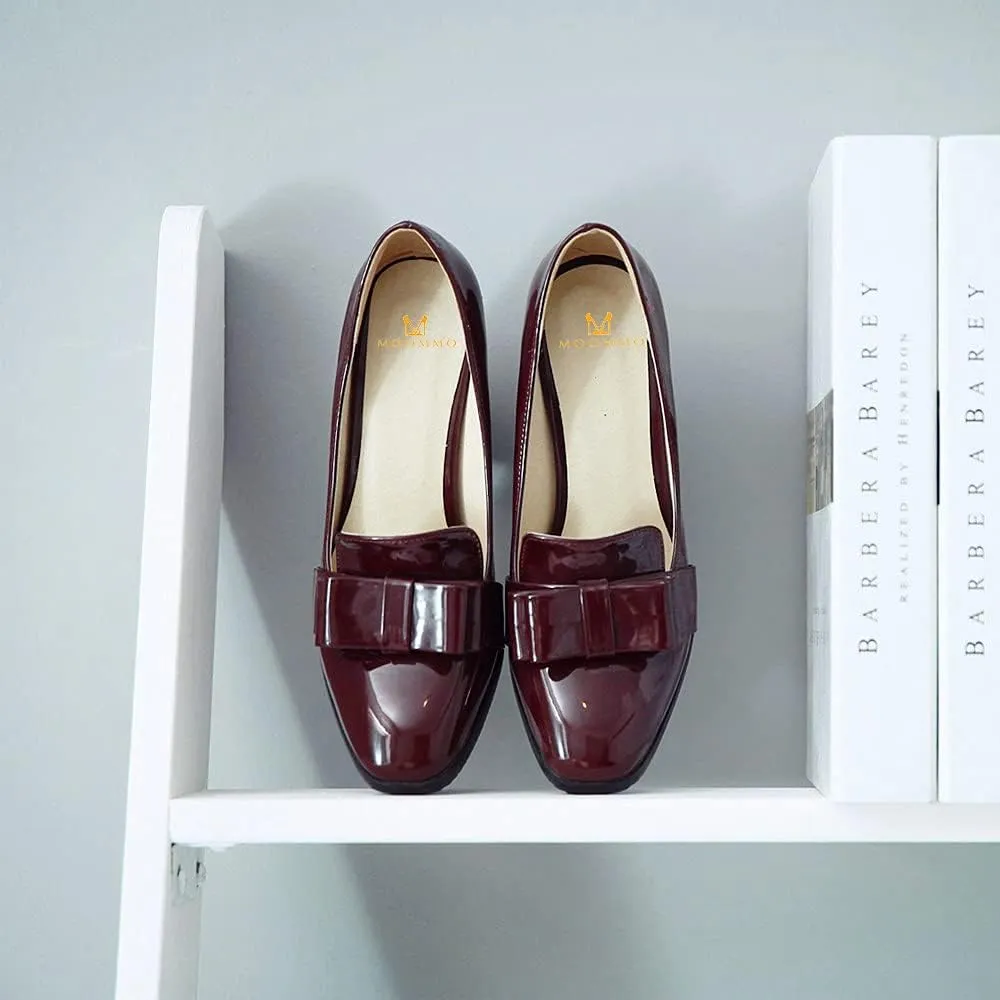MOOMMO Women Chunky Heel Pumps Bowknot Patent Leather Loafers Round Closed Toe Sandals 3.5 Inch High Block Heel Slip On Summer Casual Office Dress Shoes Size 4-11 M US