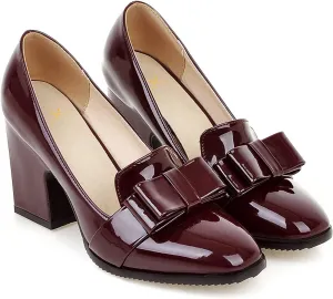 MOOMMO Women Chunky Heel Pumps Bowknot Patent Leather Loafers Round Closed Toe Sandals 3.5 Inch High Block Heel Slip On Summer Casual Office Dress Shoes Size 4-11 M US