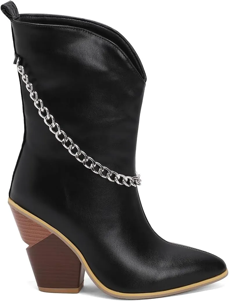 MOOMMO Women Chunky Stacked Heel Western Mid Calf Boots Pointed Toe Pull On Cowboy Cowgirl Boots Metal Chain Snakeskin Crocodile Boots Animal Print V Cut Fashion Fall Booties Party Office 4-15 M US