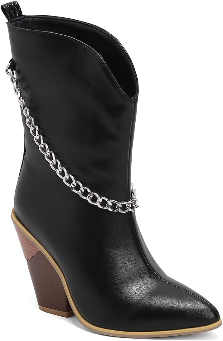 MOOMMO Women Chunky Stacked Heel Western Mid Calf Boots Pointed Toe Pull On Cowboy Cowgirl Boots Metal Chain Snakeskin Crocodile Boots Animal Print V Cut Fashion Fall Booties Party Office 4-15 M US