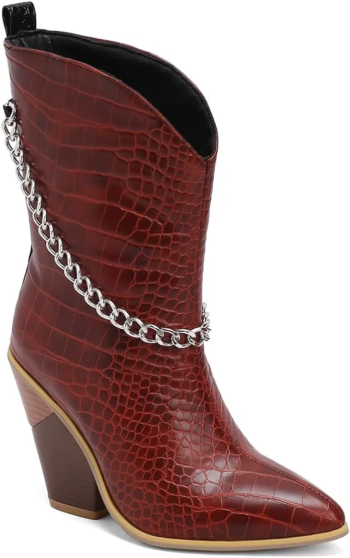 MOOMMO Women Chunky Stacked Heel Western Mid Calf Boots Pointed Toe Pull On Cowboy Cowgirl Boots Metal Chain Snakeskin Crocodile Boots Animal Print V Cut Fashion Fall Booties Party Office 4-15 M US