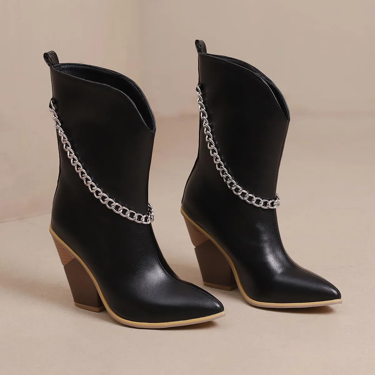 MOOMMO Women Chunky Stacked Heel Western Mid Calf Boots Pointed Toe Pull On Cowboy Cowgirl Boots Metal Chain Snakeskin Crocodile Boots Animal Print V Cut Fashion Fall Booties Party Office 4-15 M US