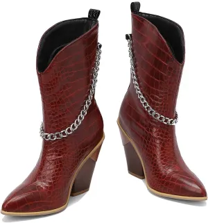 MOOMMO Women Chunky Stacked Heel Western Mid Calf Boots Pointed Toe Pull On Cowboy Cowgirl Boots Metal Chain Snakeskin Crocodile Boots Animal Print V Cut Fashion Fall Booties Party Office 4-15 M US
