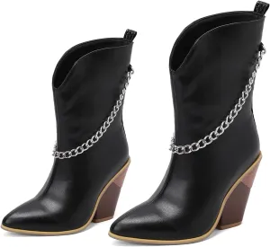 MOOMMO Women Chunky Stacked Heel Western Mid Calf Boots Pointed Toe Pull On Cowboy Cowgirl Boots Metal Chain Snakeskin Crocodile Boots Animal Print V Cut Fashion Fall Booties Party Office 4-15 M US