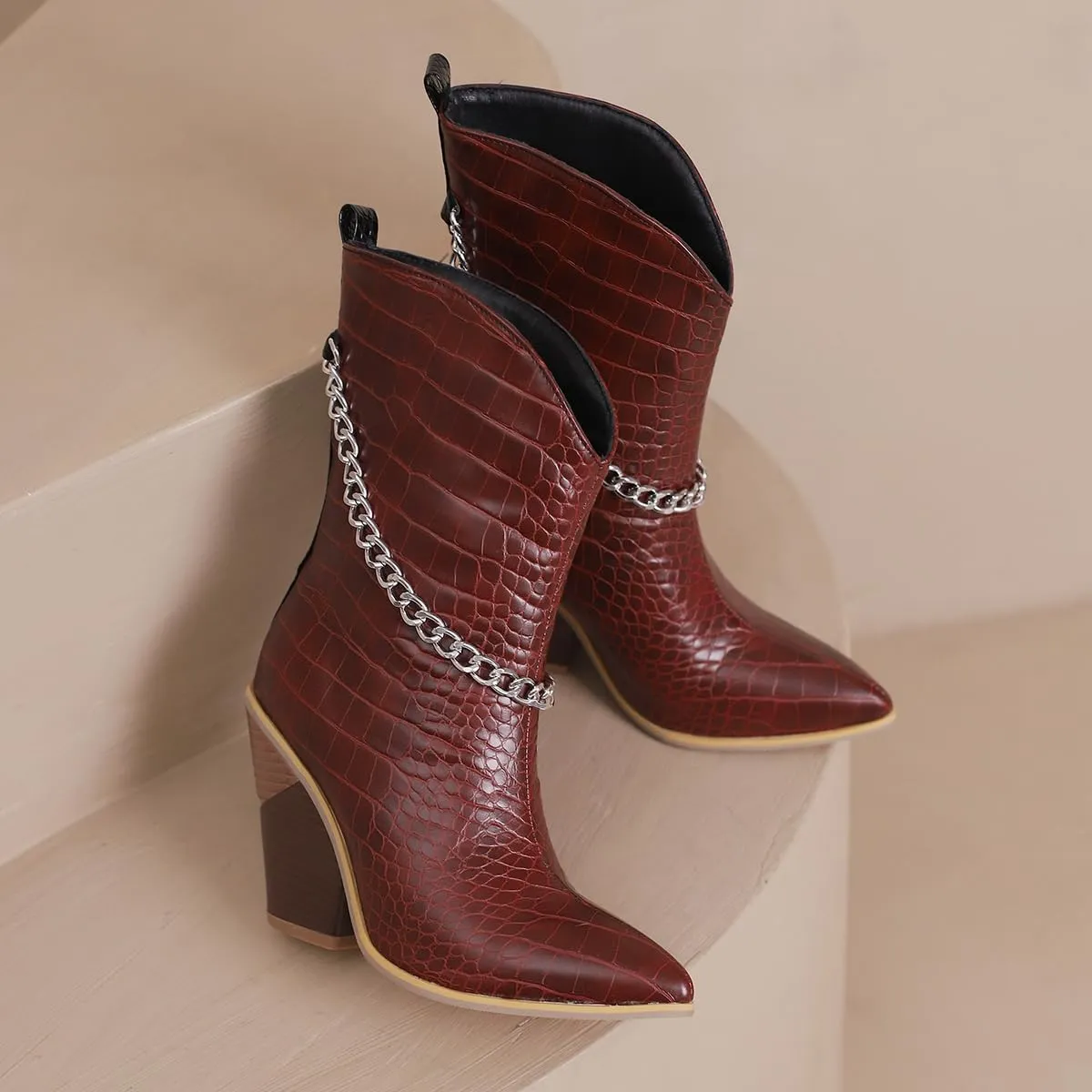MOOMMO Women Chunky Stacked Heel Western Mid Calf Boots Pointed Toe Pull On Cowboy Cowgirl Boots Metal Chain Snakeskin Crocodile Boots Animal Print V Cut Fashion Fall Booties Party Office 4-15 M US