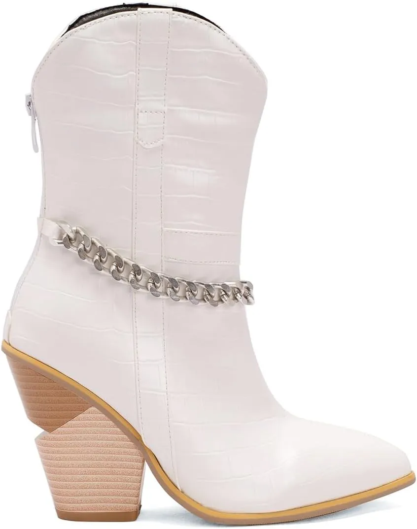 MOOMMO Women Chunky Stacked High Heel Western Boots Mid Calf Pointed Toe Back Zipper Cowboy Cowgirl Short Boots Metal Chain Snakeskin Crocodile Boots Animal Print V Cut Fashion Fall Booties 4-15 M US