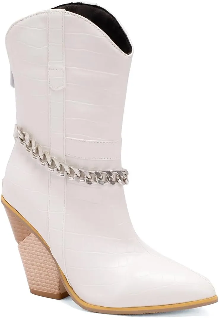 MOOMMO Women Chunky Stacked High Heel Western Boots Mid Calf Pointed Toe Back Zipper Cowboy Cowgirl Short Boots Metal Chain Snakeskin Crocodile Boots Animal Print V Cut Fashion Fall Booties 4-15 M US