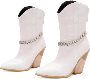 MOOMMO Women Chunky Stacked High Heel Western Boots Mid Calf Pointed Toe Back Zipper Cowboy Cowgirl Short Boots Metal Chain Snakeskin Crocodile Boots Animal Print V Cut Fashion Fall Booties 4-15 M US