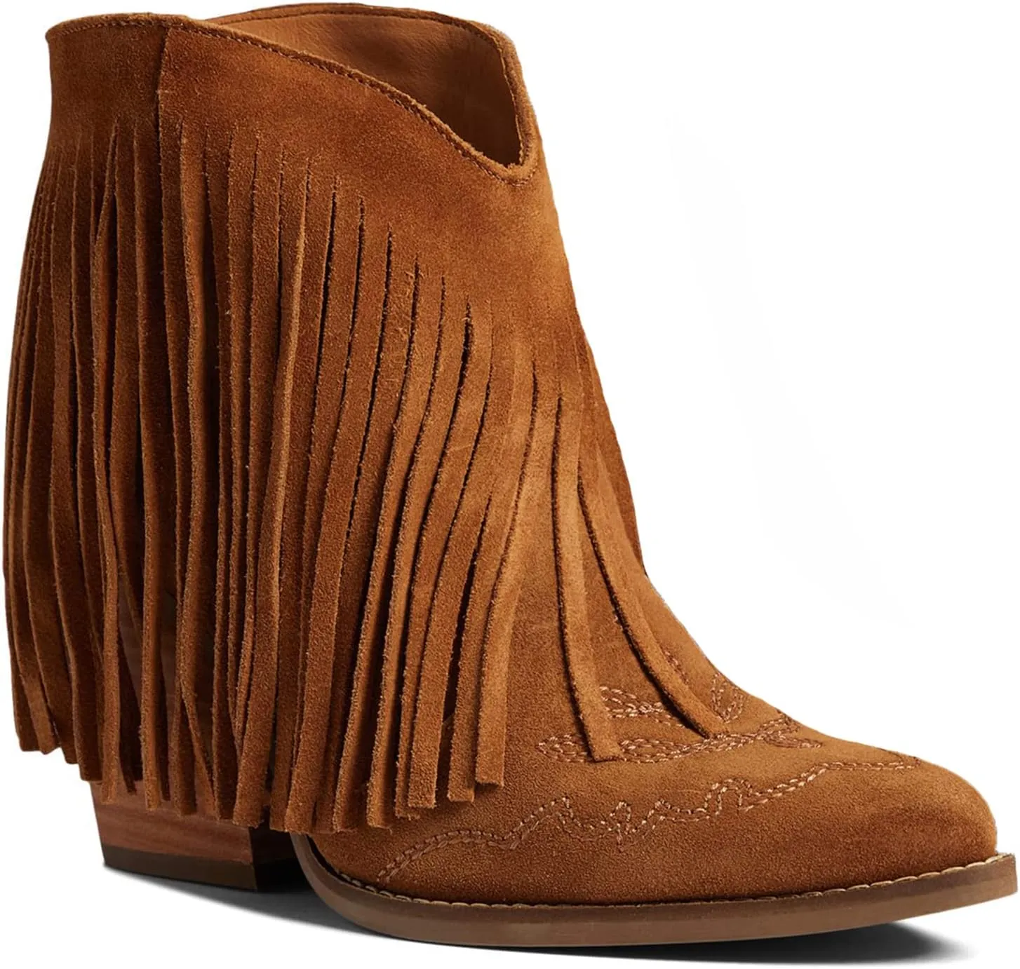 MOOMMO Women Tassel Western Booties Chunky Block Heel Suede Cowboy Ankle Boots Fringe Pointed Closed Toe V-Cut Stacked Heel Slip On Short Boots Cowgirl Embroidered Retro Vintage 4-11 M US