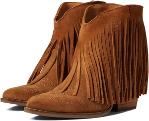 MOOMMO Women Tassel Western Booties Chunky Block Heel Suede Cowboy Ankle Boots Fringe Pointed Closed Toe V-Cut Stacked Heel Slip On Short Boots Cowgirl Embroidered Retro Vintage 4-11 M US