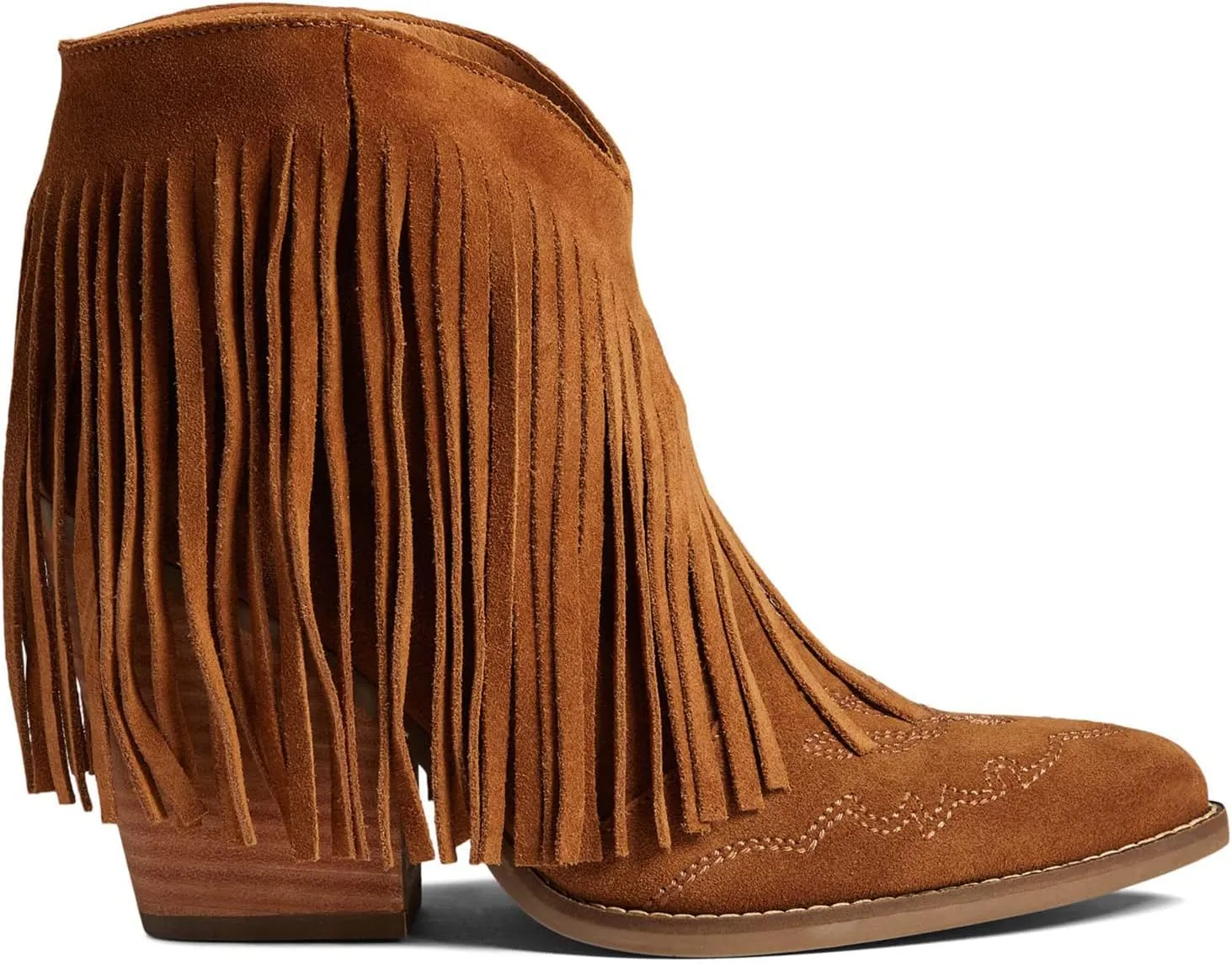 MOOMMO Women Tassel Western Booties Chunky Block Heel Suede Cowboy Ankle Boots Fringe Pointed Closed Toe V-Cut Stacked Heel Slip On Short Boots Cowgirl Embroidered Retro Vintage 4-11 M US