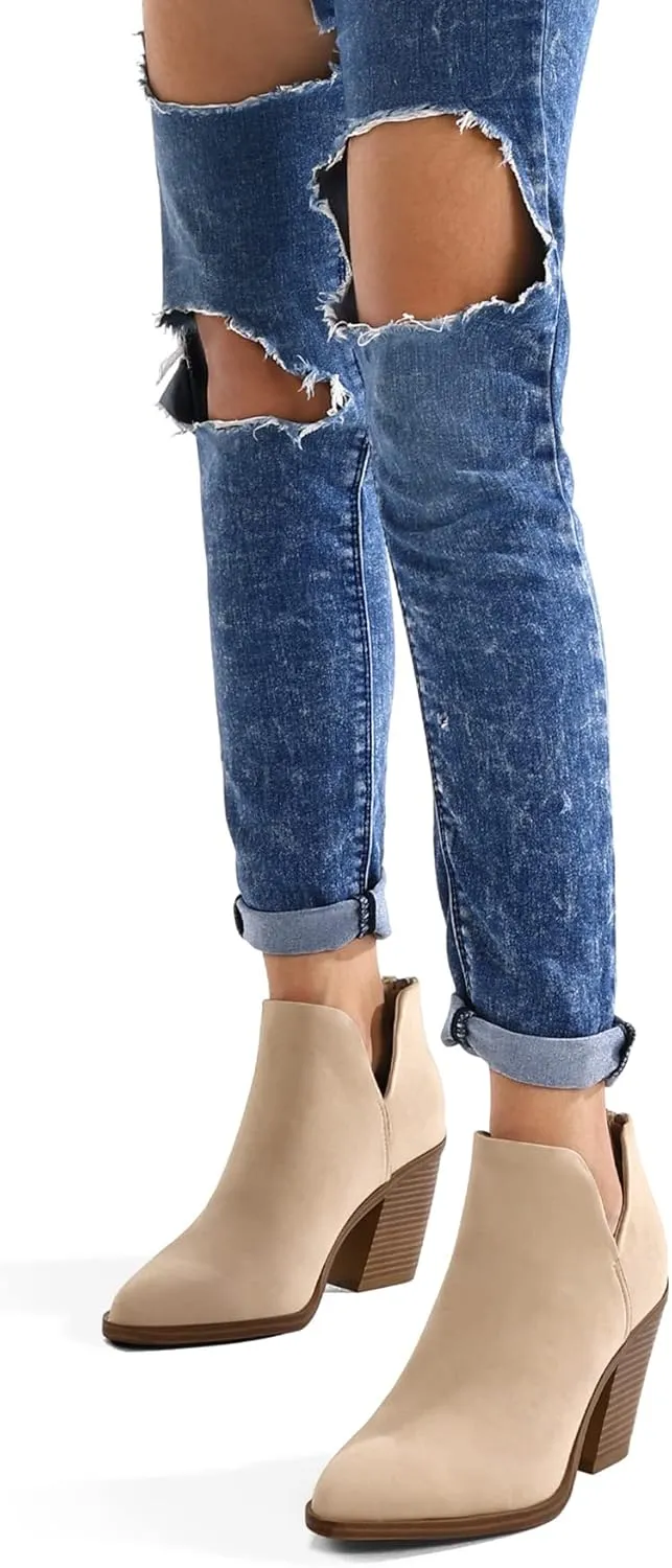 mysoft Women's Ankle Boots Slip on Cutout Pointed Toe Chunky Stacked Mid Heel Booties