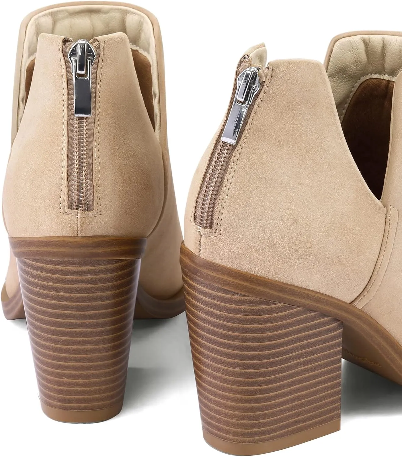 mysoft Women's Ankle Boots Slip on Cutout Pointed Toe Chunky Stacked Mid Heel Booties