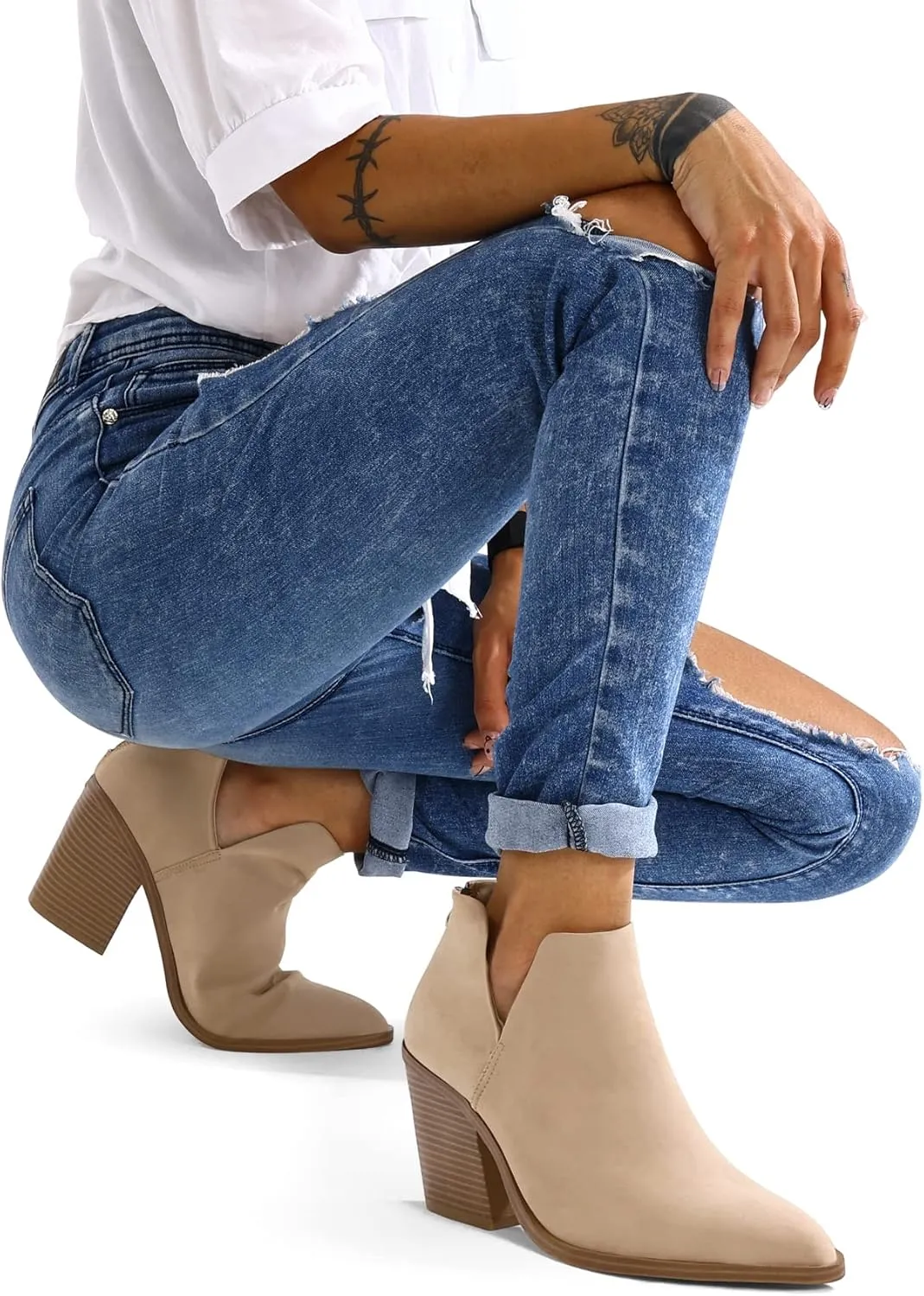 mysoft Women's Ankle Boots Slip on Cutout Pointed Toe Chunky Stacked Mid Heel Booties