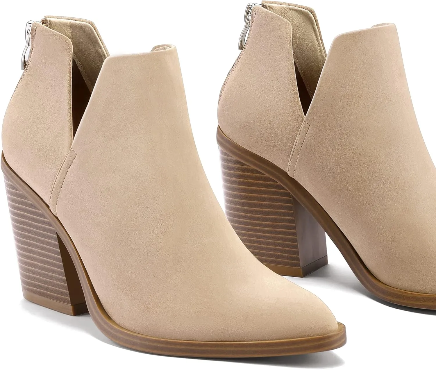 mysoft Women's Ankle Boots Slip on Cutout Pointed Toe Chunky Stacked Mid Heel Booties