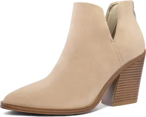 mysoft Women's Ankle Boots Slip on Cutout Pointed Toe Chunky Stacked Mid Heel Booties