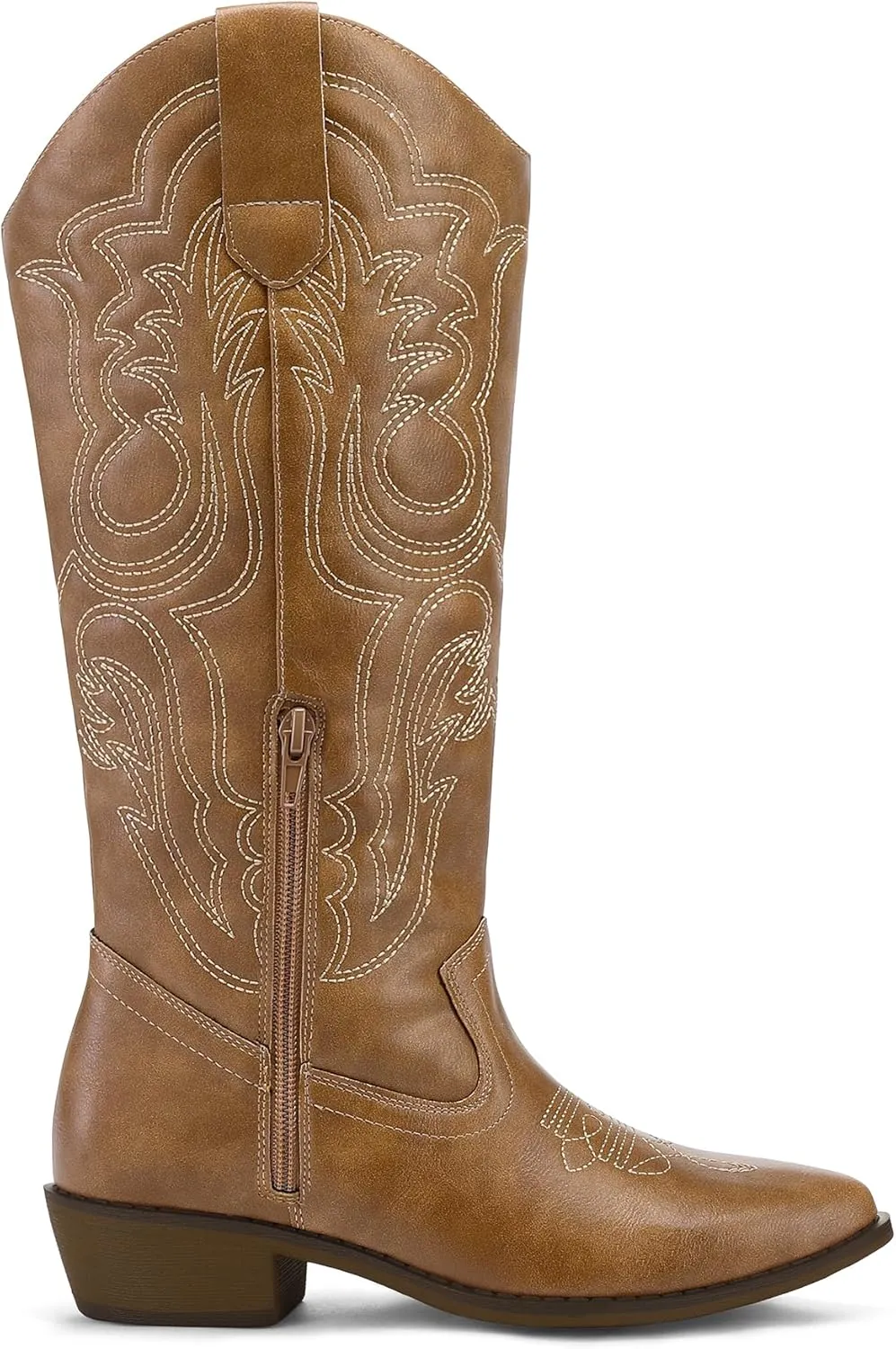 mysoft Women's Cowboy Boots Mid Calf Cowgirl Embroidered Western Pointed Toe Chunky Heel Pull On Knee High Boots