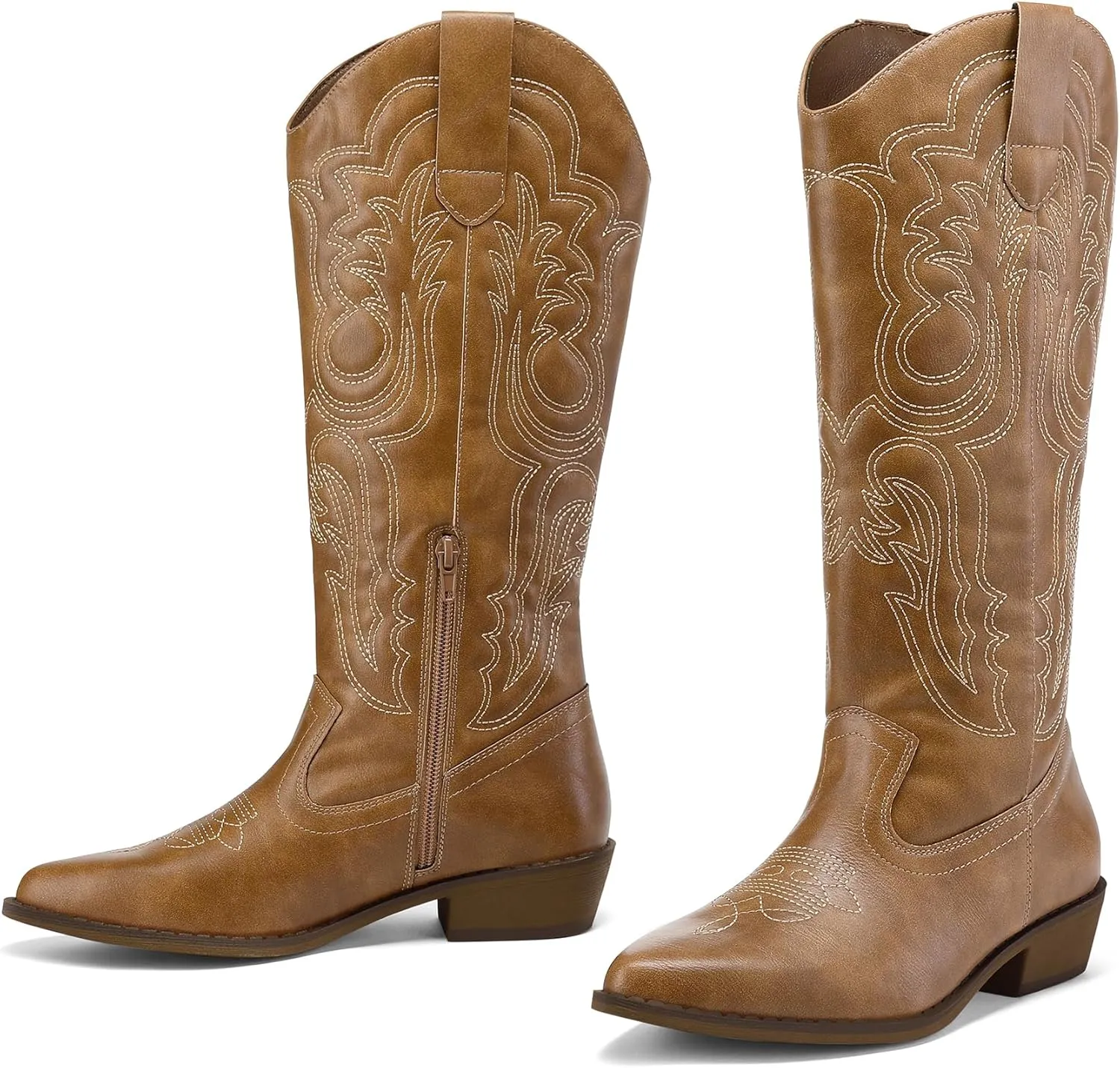 mysoft Women's Cowboy Boots Mid Calf Cowgirl Embroidered Western Pointed Toe Chunky Heel Pull On Knee High Boots