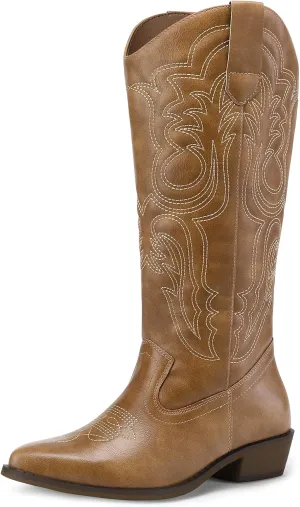 mysoft Women's Cowboy Boots Mid Calf Cowgirl Embroidered Western Pointed Toe Chunky Heel Pull On Knee High Boots