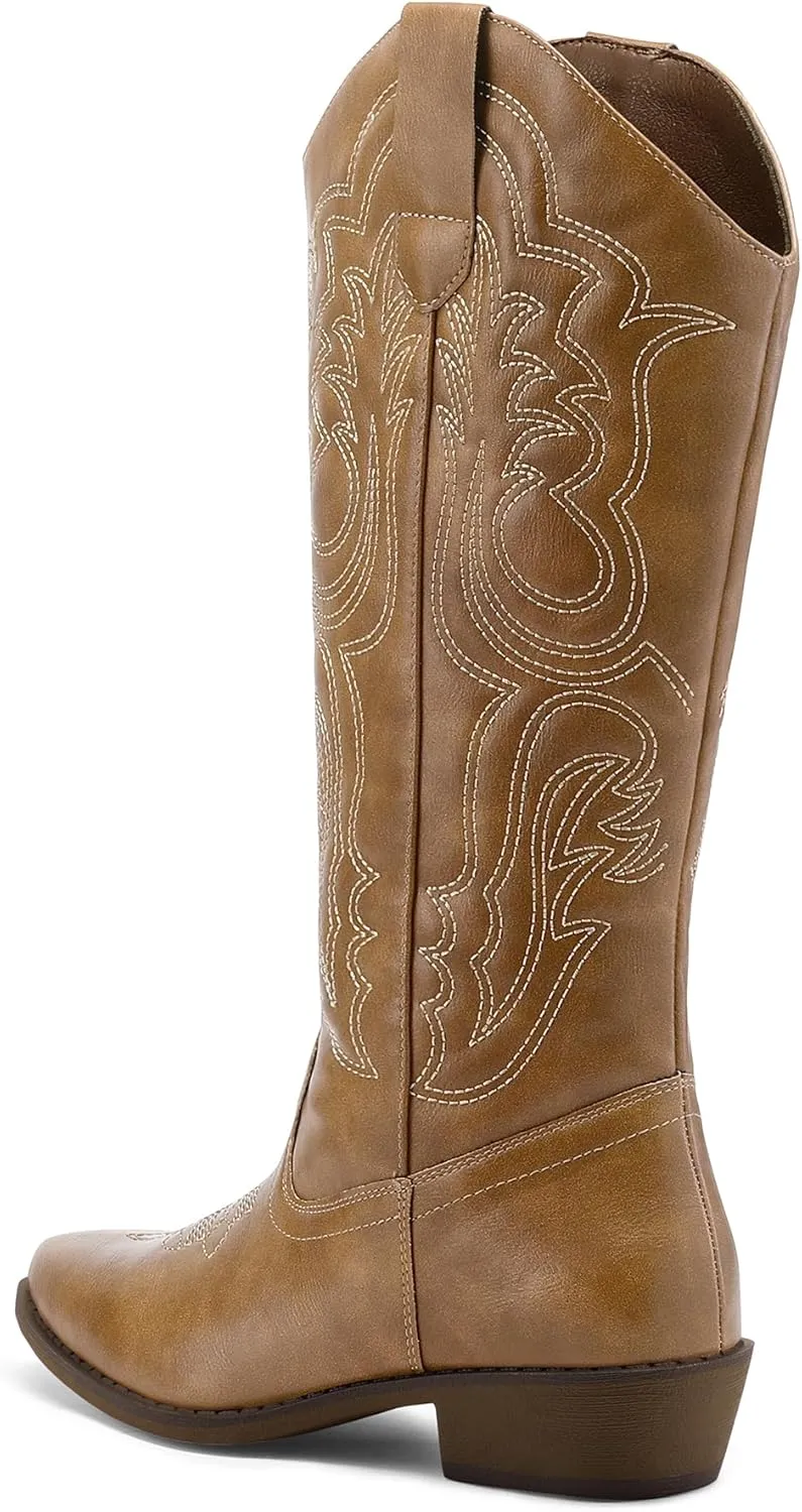 mysoft Women's Cowboy Boots Mid Calf Cowgirl Embroidered Western Pointed Toe Chunky Heel Pull On Knee High Boots