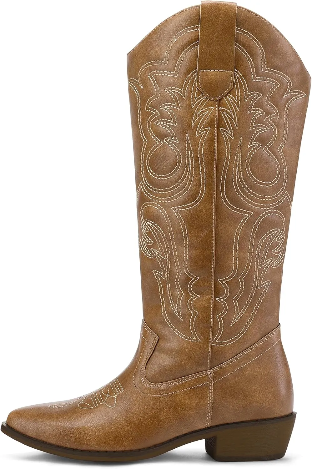 mysoft Women's Cowboy Boots Mid Calf Cowgirl Embroidered Western Pointed Toe Chunky Heel Pull On Knee High Boots