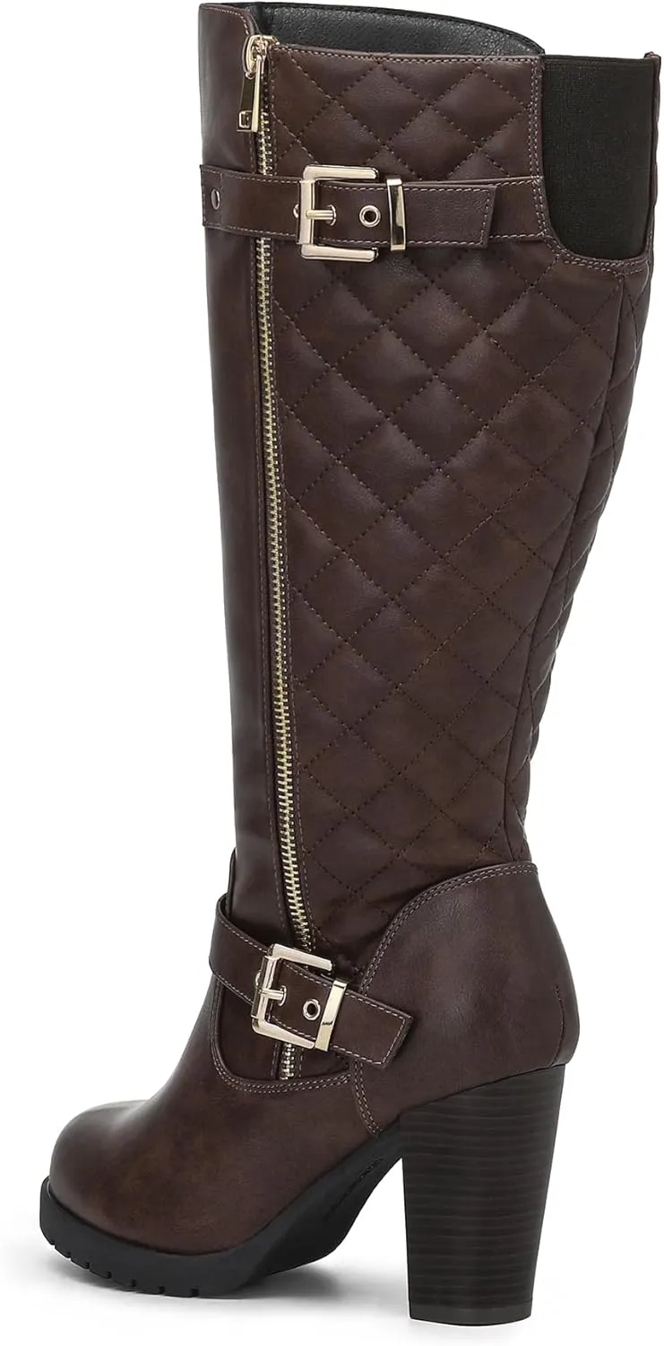 mysoft Women's Wide/Extra Wide Calf Knee High Boots Chunky Block Heel Round Toe Tall Boots Side Zipper