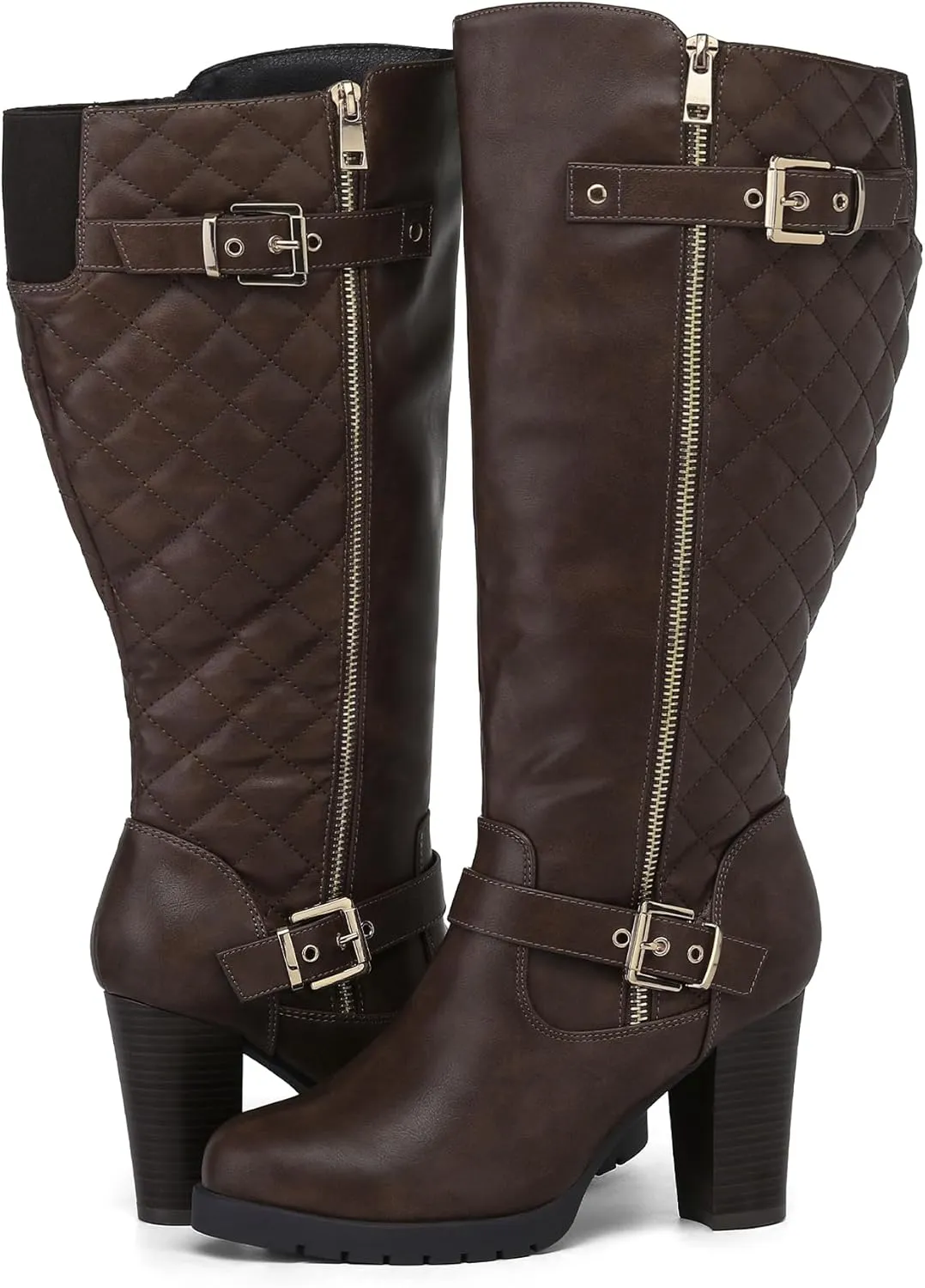 mysoft Women's Wide/Extra Wide Calf Knee High Boots Chunky Block Heel Round Toe Tall Boots Side Zipper