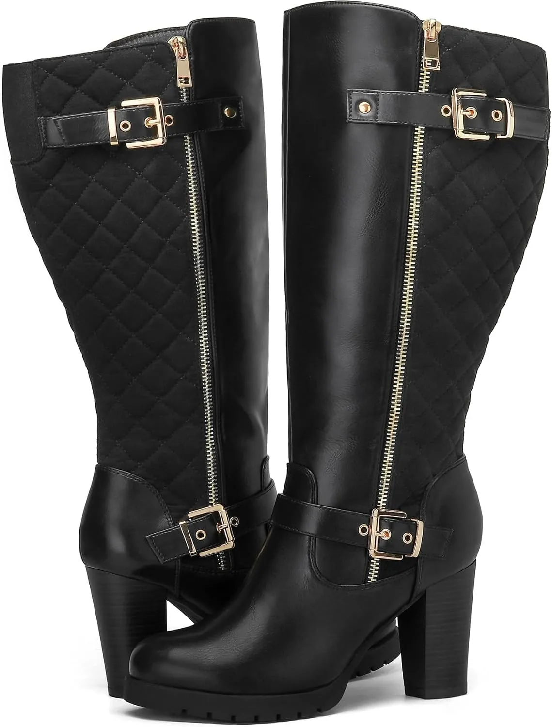 mysoft Women's Wide/Extra Wide Calf Knee High Boots Chunky Block Heel Round Toe Tall Boots Side Zipper