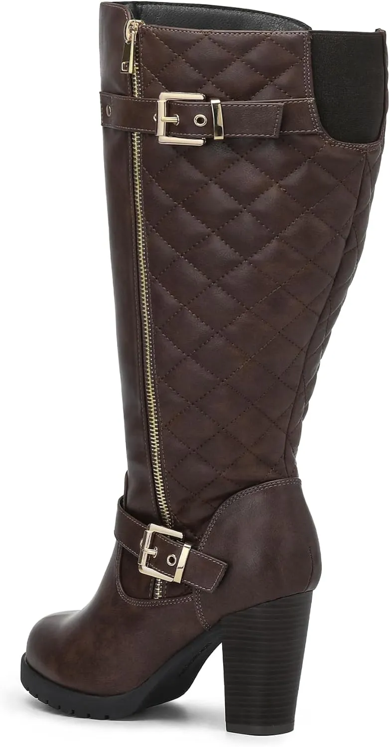 mysoft Women's Wide/Extra Wide Calf Knee High Boots Chunky Block Heel Round Toe Tall Boots Side Zipper