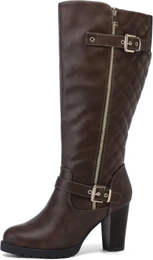 mysoft Women's Wide/Extra Wide Calf Knee High Boots Chunky Block Heel Round Toe Tall Boots Side Zipper