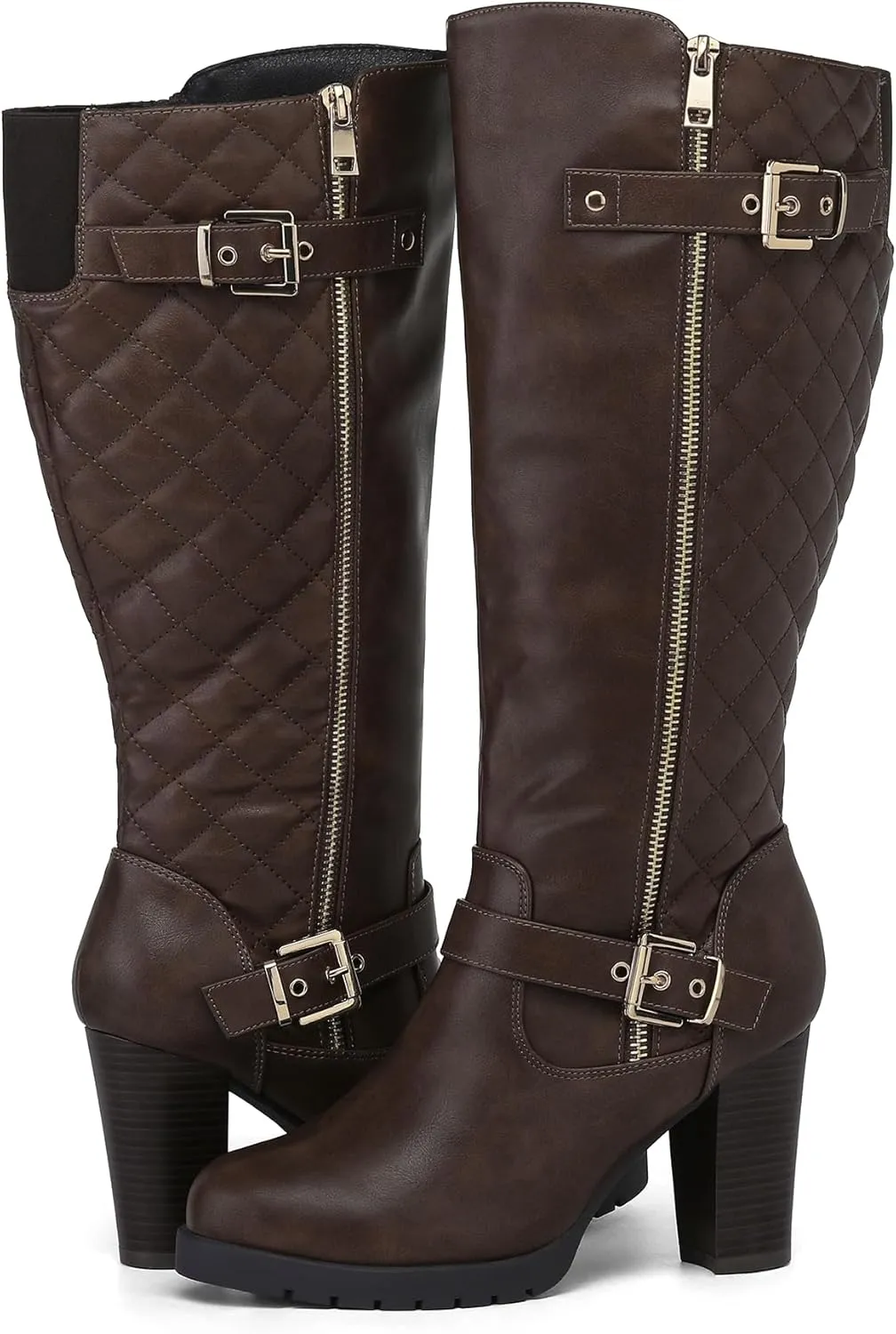 mysoft Women's Wide/Extra Wide Calf Knee High Boots Chunky Block Heel Round Toe Tall Boots Side Zipper