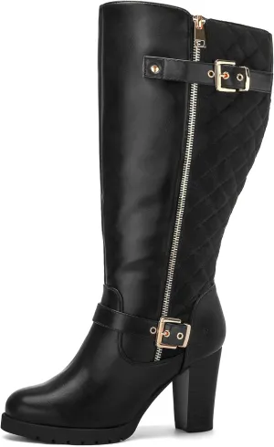 mysoft Women's Wide/Extra Wide Calf Knee High Boots Chunky Block Heel Round Toe Tall Boots Side Zipper