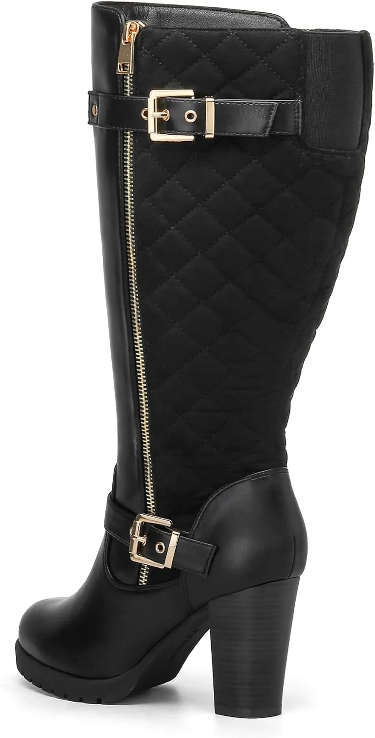 mysoft Women's Wide/Extra Wide Calf Knee High Boots Chunky Block Heel Round Toe Tall Boots Side Zipper