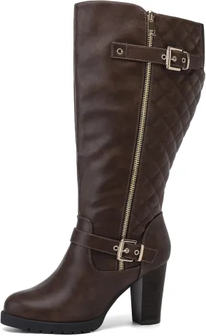 mysoft Women's Wide/Extra Wide Calf Knee High Boots Chunky Block Heel Round Toe Tall Boots Side Zipper