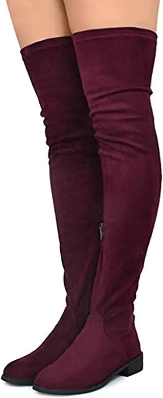 Nature Breeze Olympia 20 Womens Stretchy Thigh High Side Zipper Low Heel Combat Boots