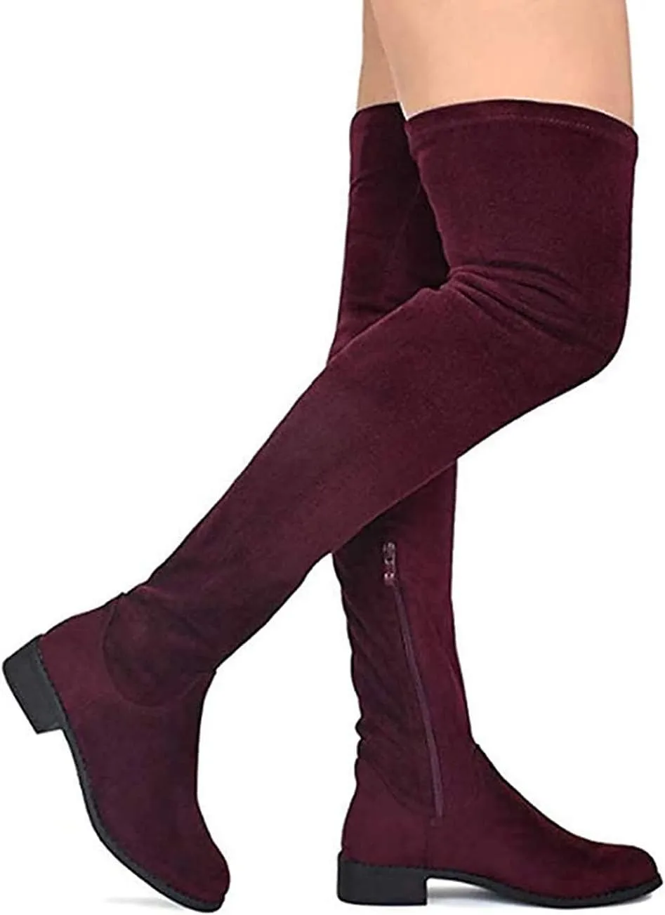 Nature Breeze Olympia 20 Womens Stretchy Thigh High Side Zipper Low Heel Combat Boots