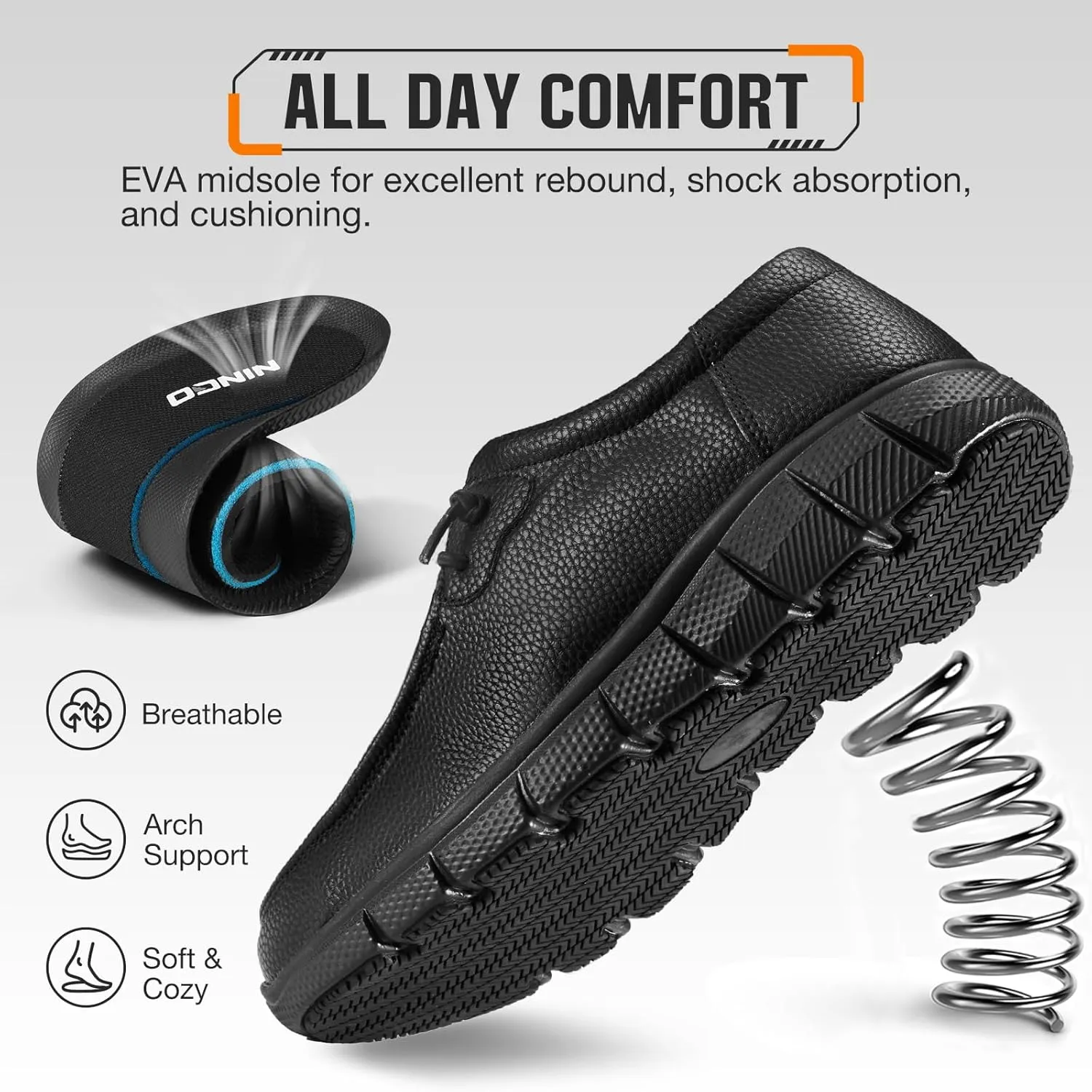 NINGO Leather Non Slip Shoes for Men Women, Slip On Water Resistant Work Loafers, Slip Resistant Lightweight Breathable Chef Footwear & Sneakers for Kitchen/Restaurant Staff and Hospitality