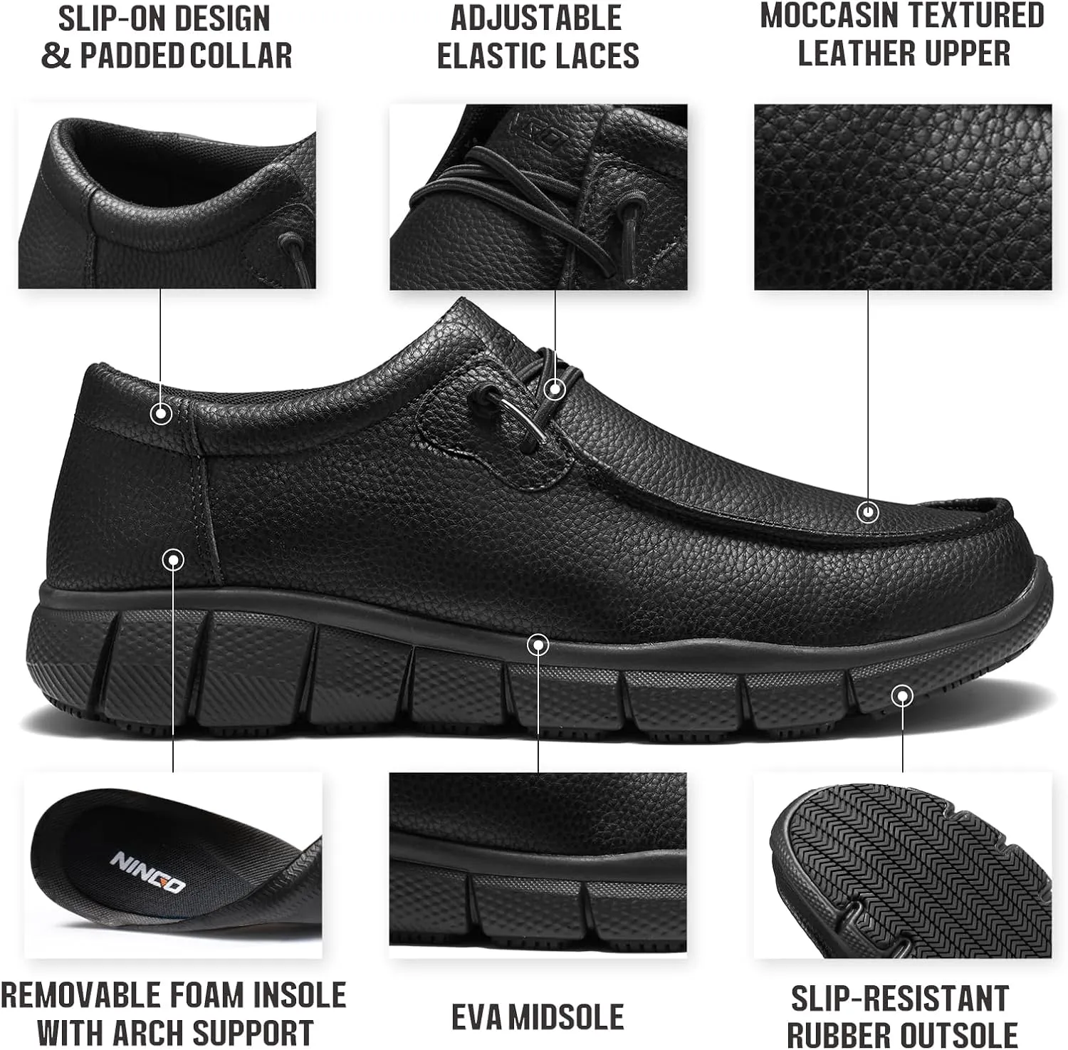 NINGO Leather Non Slip Shoes for Men Women, Slip On Water Resistant Work Loafers, Slip Resistant Lightweight Breathable Chef Footwear & Sneakers for Kitchen/Restaurant Staff and Hospitality