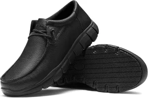 NINGO Leather Non Slip Shoes for Men Women, Slip On Water Resistant Work Loafers, Slip Resistant Lightweight Breathable Chef Footwear & Sneakers for Kitchen/Restaurant Staff and Hospitality