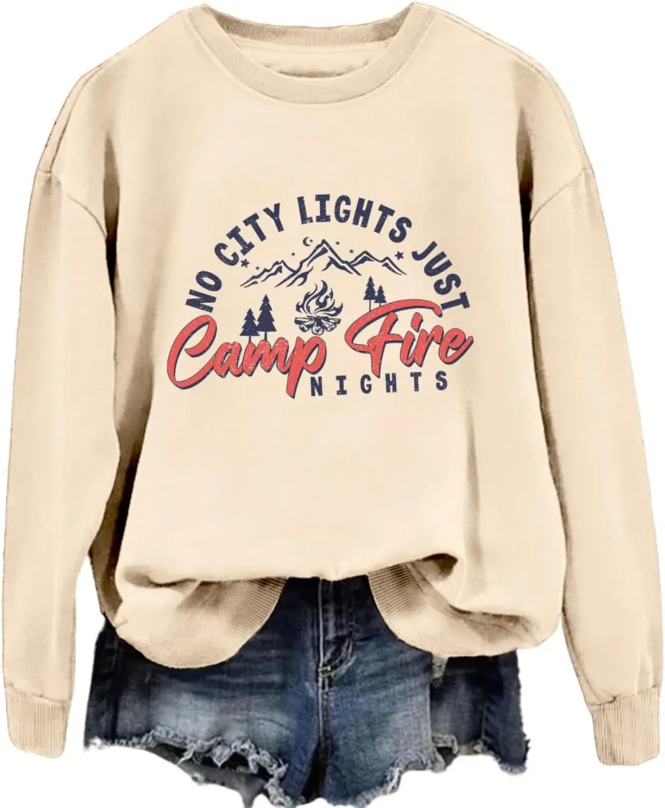 No City Lights Just Campfire Nights Sweatshirt Camping Life Sweater Camper Shirt Women Casual Campfire Pullover Tops