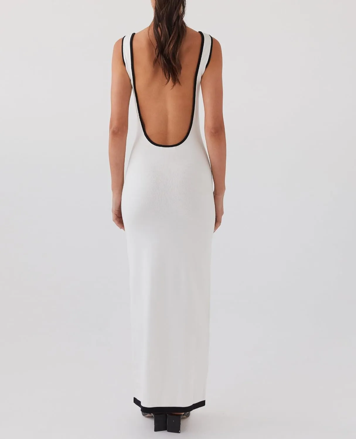 NUFIWI Women Hollow Out Backless Maxi Dress Knitted Spaghetti Strap Bandage Long Dresses Low Cut Bodycon Party Dress