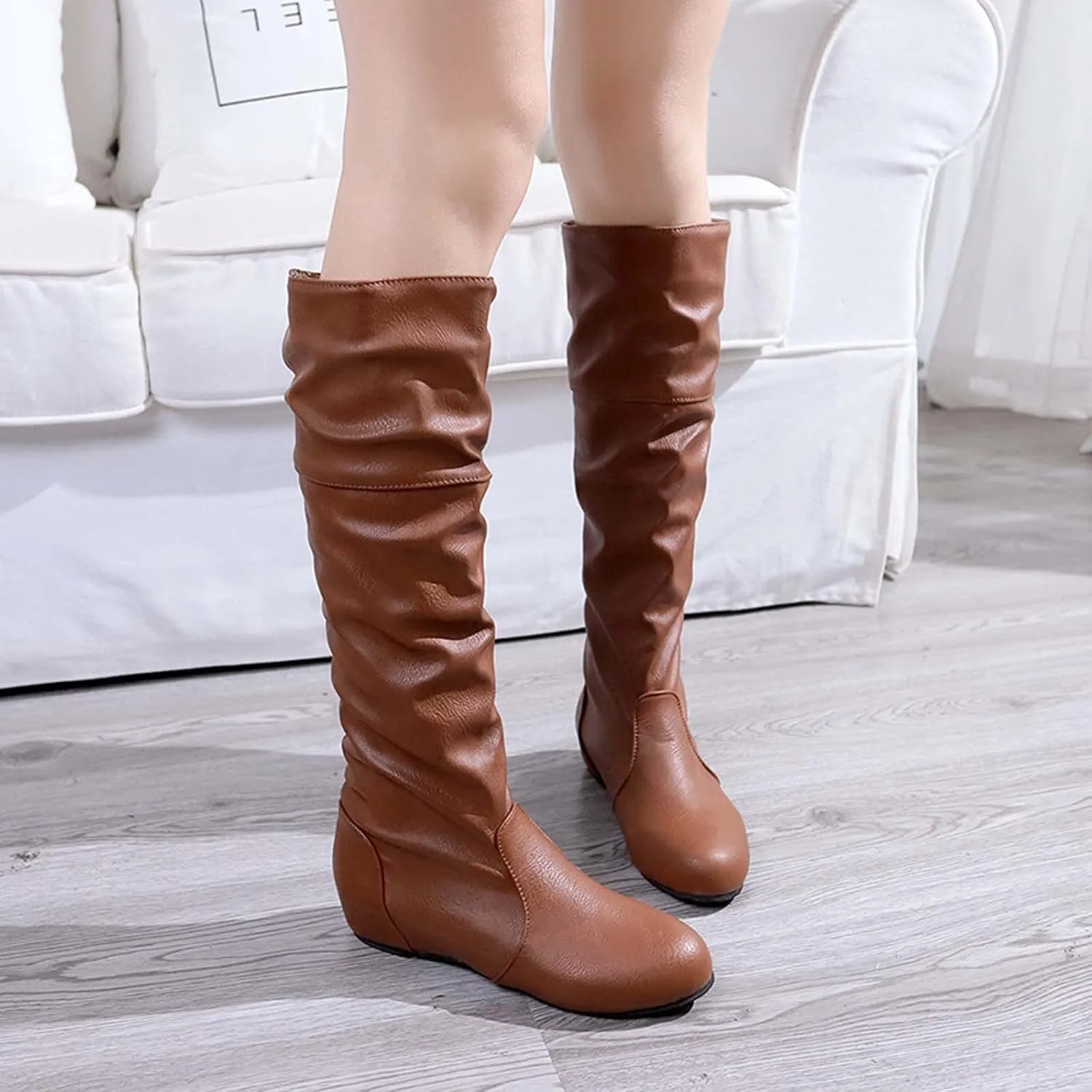 oiangi Women Knee High Flat Boots 2022 Winter Vintage Round Toe Pleated Slip on Motorcycle Boots Solid Retro Casual Comfy Outdoor Ladies Shoes