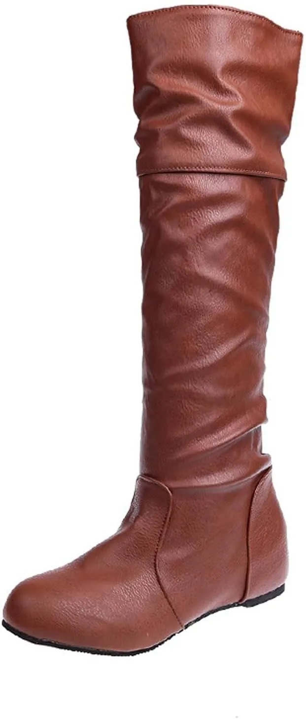 oiangi Women Knee High Flat Boots 2022 Winter Vintage Round Toe Pleated Slip on Motorcycle Boots Solid Retro Casual Comfy Outdoor Ladies Shoes