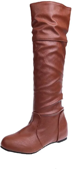 oiangi Women Knee High Flat Boots 2022 Winter Vintage Round Toe Pleated Slip on Motorcycle Boots Solid Retro Casual Comfy Outdoor Ladies Shoes