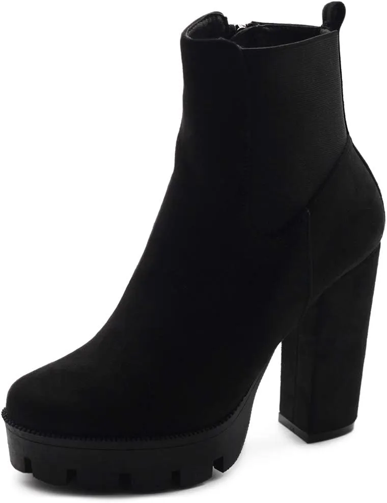 Ollio Women's Shoes Faux Suede or Faux Leather Platform Stacked High Heels Ankle Boots H107