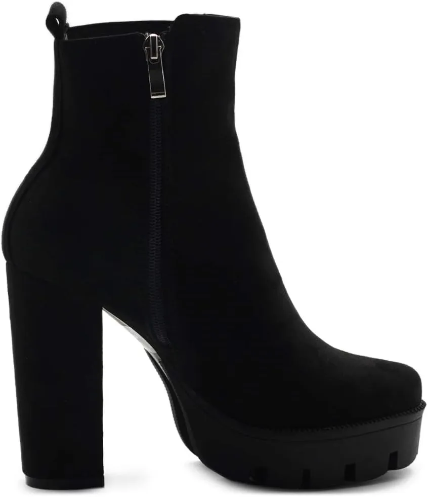 Ollio Women's Shoes Faux Suede or Faux Leather Platform Stacked High Heels Ankle Boots H107