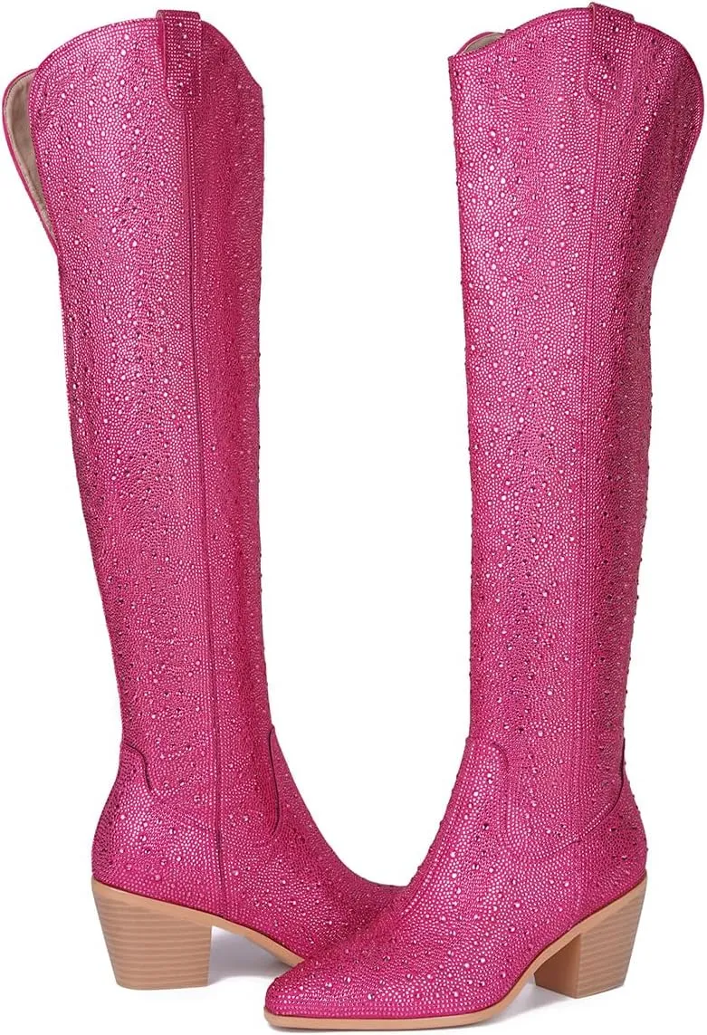 olomisa Rhinestone Boots for Women, Sparkly Boots Over the Knee Cowboy Boots Pointed Toe Pull On Side Zipper Chunky Heel Knee High Cowgirl Boots