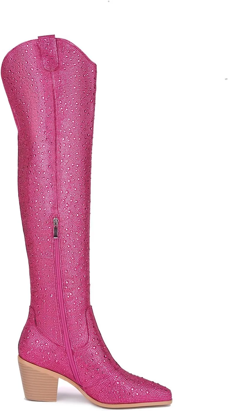 olomisa Rhinestone Boots for Women, Sparkly Boots Over the Knee Cowboy Boots Pointed Toe Pull On Side Zipper Chunky Heel Knee High Cowgirl Boots