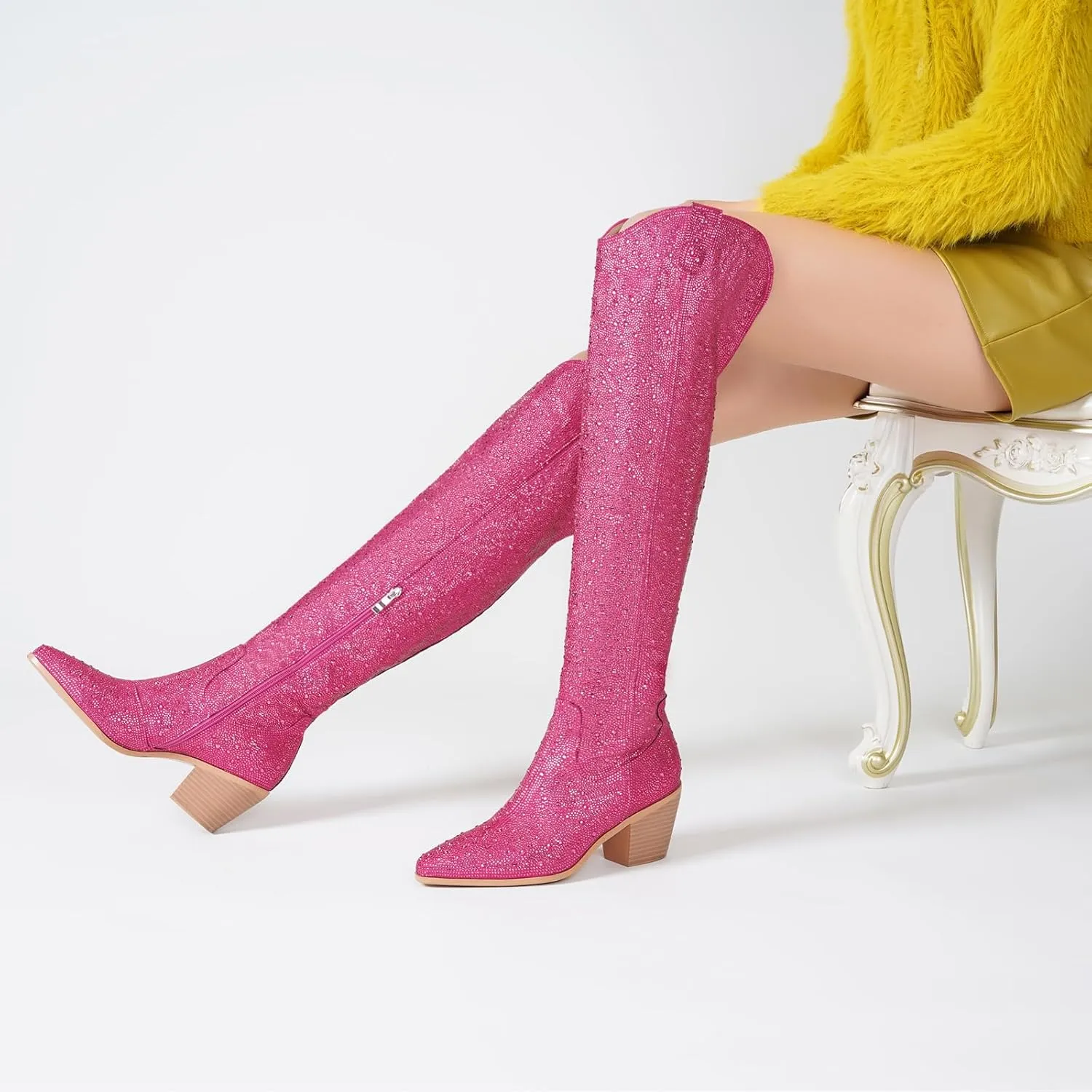 olomisa Rhinestone Boots for Women, Sparkly Boots Over the Knee Cowboy Boots Pointed Toe Pull On Side Zipper Chunky Heel Knee High Cowgirl Boots