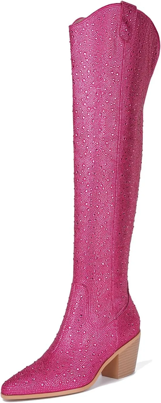 olomisa Rhinestone Boots for Women, Sparkly Boots Over the Knee Cowboy Boots Pointed Toe Pull On Side Zipper Chunky Heel Knee High Cowgirl Boots